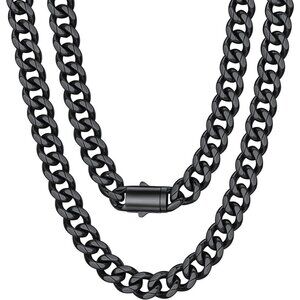 Men's 12MM Width-Black Stainless Steel Miami Cuban Curb Link Chain Necklace